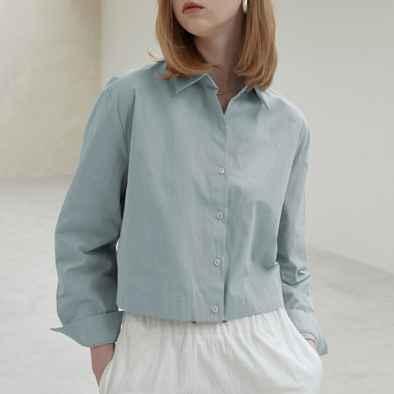 Cotton Hem Elastic Waist Slimming Solid Color Long Sleeve Shirt