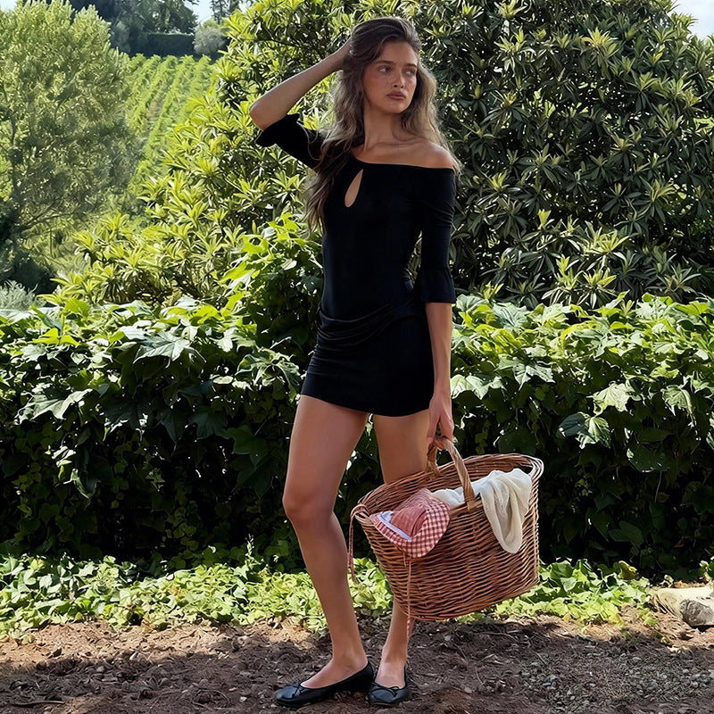 Womens Stylish Elegant Solid-color Off-shoulder High-waist Bodycon Dress