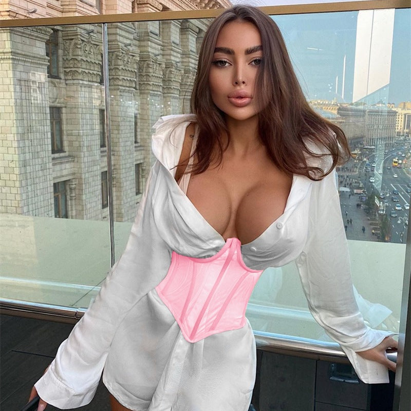 Versatile Solid Color Mesh Breastplate Fishbone Tie Rope Tunic