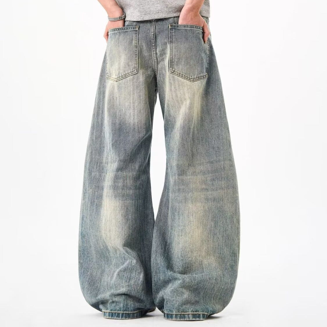 Distressed Ripped Bamboo-pattern Curved Knife High-street Loose Wide-leg Pants For Men And Women