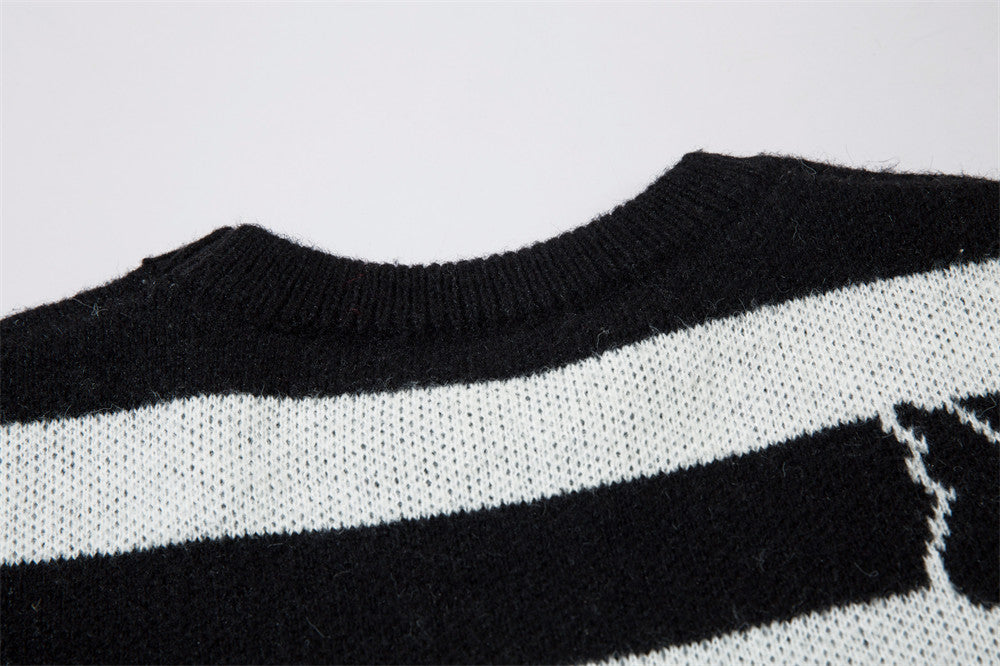 Stribet Kontrastfarvet Sommerfugl Rund Hals Sweater Efterår Og Vinter