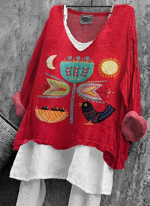 Women's Bird Family Pattern Print Cotton & Linen Shirt