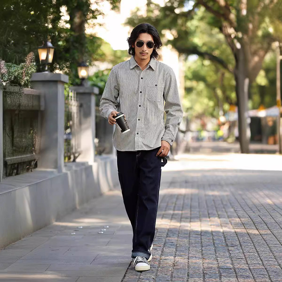 Vertical Striped Single Bag Shirt Men's Retro Long Sleeve