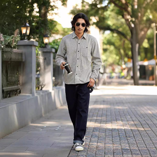 Vertical Striped Single Bag Shirt Men's Retro Long Sleeve