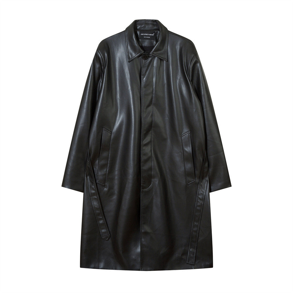 American Style With Belt Mid-length PU Leather Coat For Men Autumn And Winter