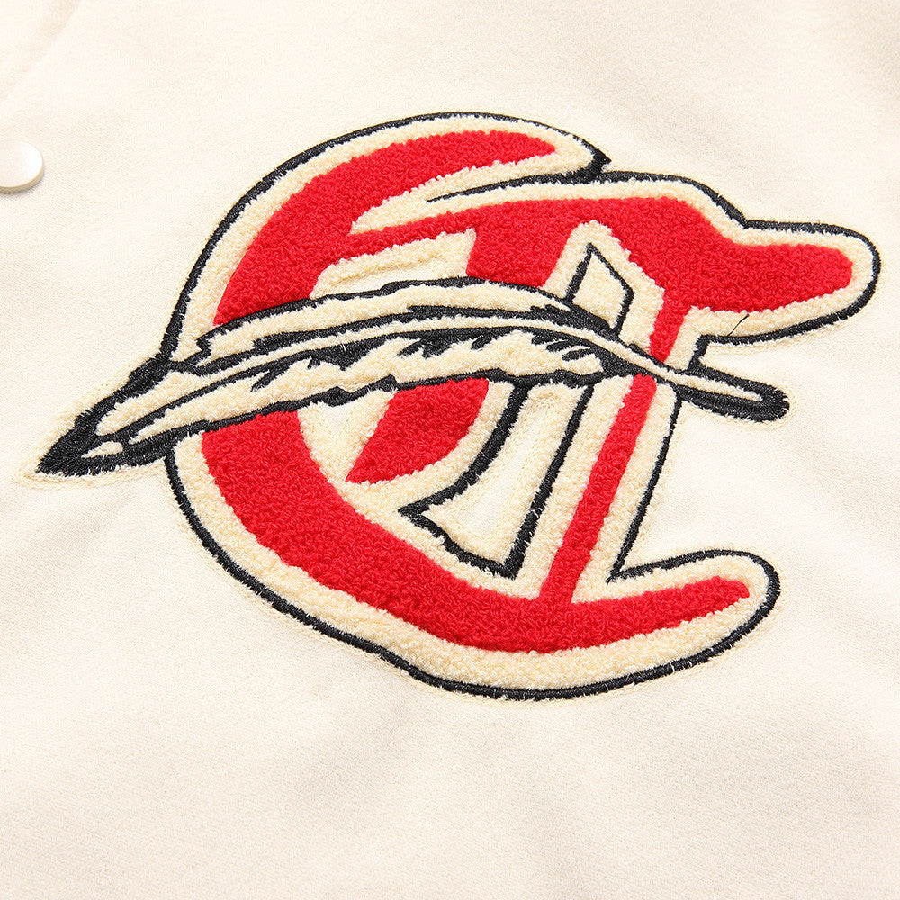 Color Contrast Patchwork PU Leather Sleeve Machine Embroidery Letter Baseball Uniform Jacket