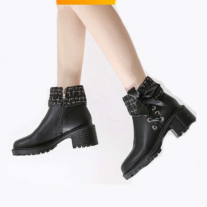 Soft Leather Spring And Autumn Bow Thick Heel Short Female Martin Boots