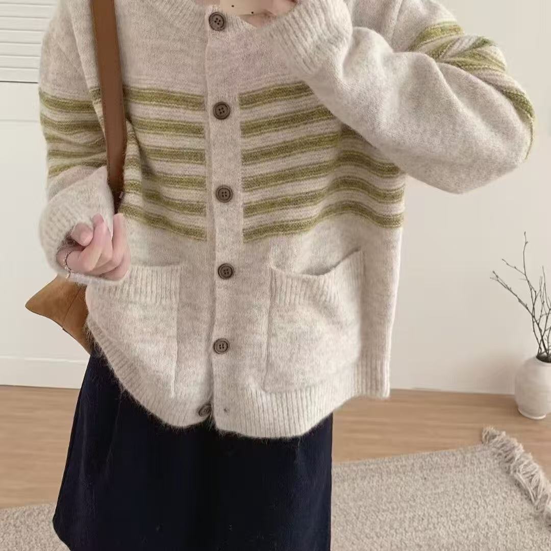 Vintage Stripe Versatile Knitted Cardigan Korean Style