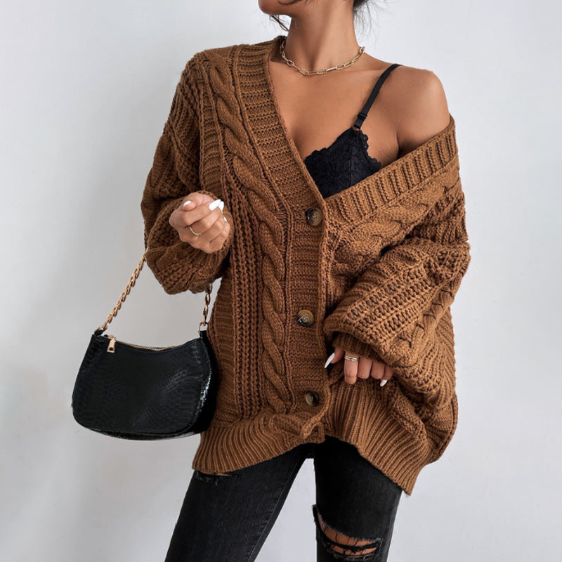 V-hals Sweater Dame Retro Fashion Løs Twist Strikket Jakke