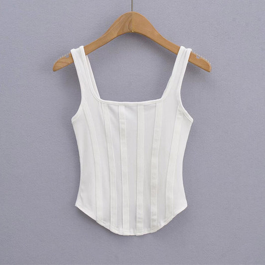 Slim Fit Striped Square Neck Solid Color Sleeveless Tank Top