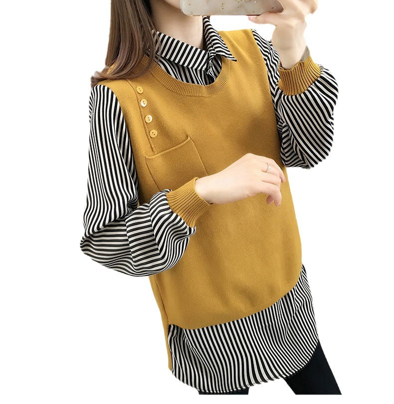 Fake Two-piece Women's Long-sleeved Shirt Collar Knitted Sweater