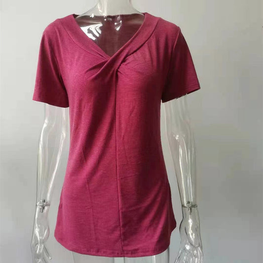 Women's V Neck Short Sleeved Neckline Kink Casual T Shirt
