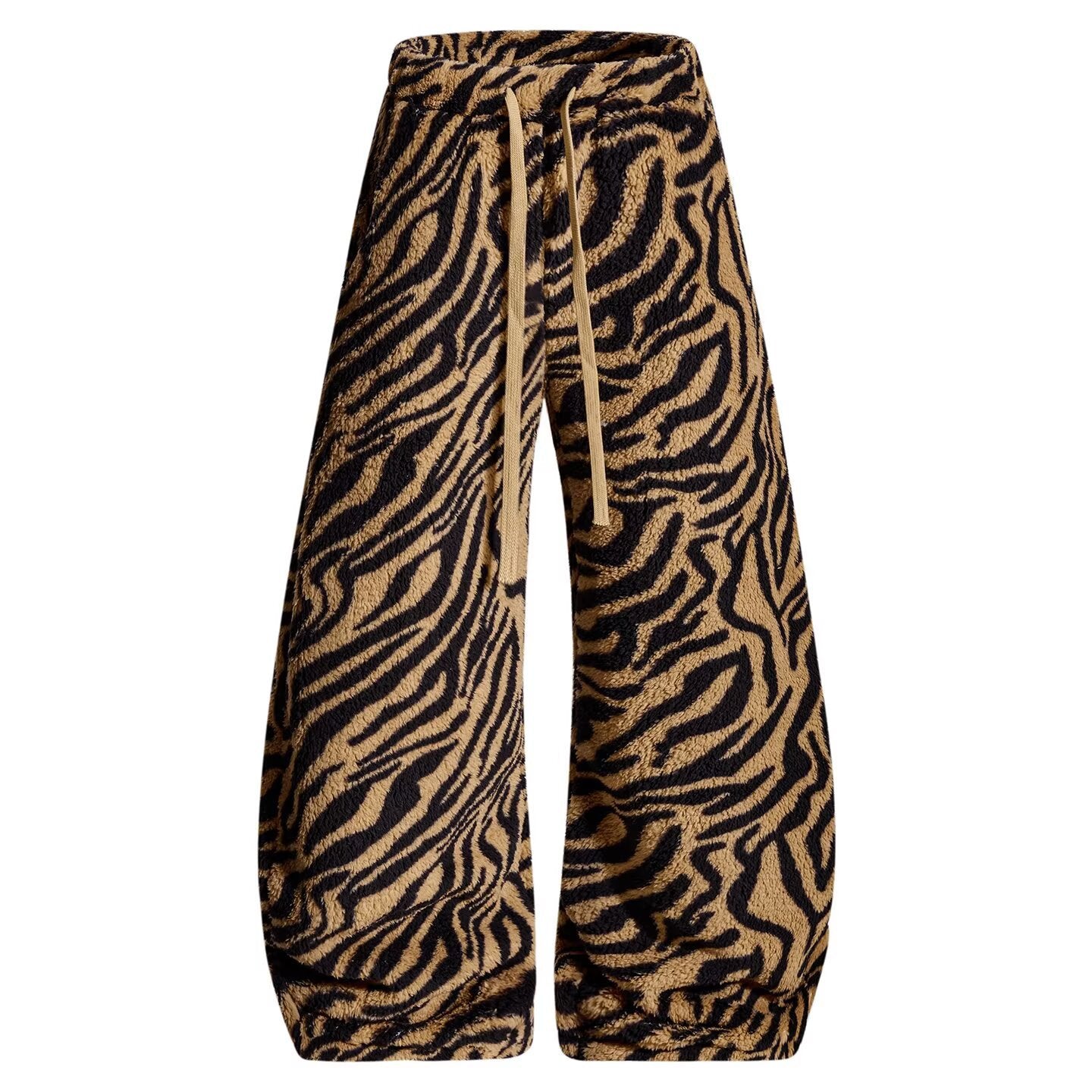 Womens High-Street Coffee-Colored Tiger-Print Casual Pants Warm And Loose-Fitting