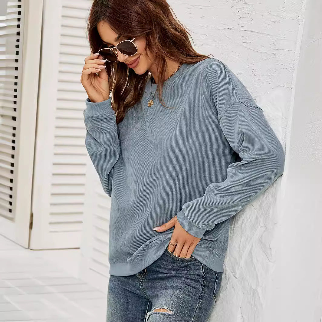 Fløjls Pullover Sweatshirt Afslappet Mode Ensfarvet Rund Hals Langærmet Toppe Forårs- Og Efterårstøj Til Kvinder