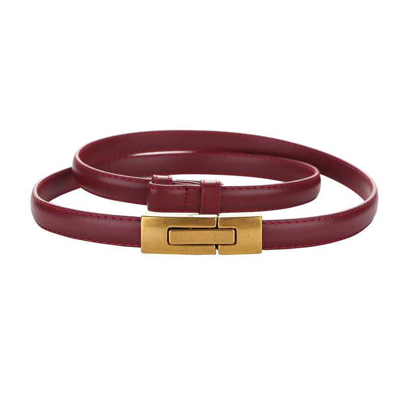 Women's Leather Thin Belt First Layer Cow Leather Button