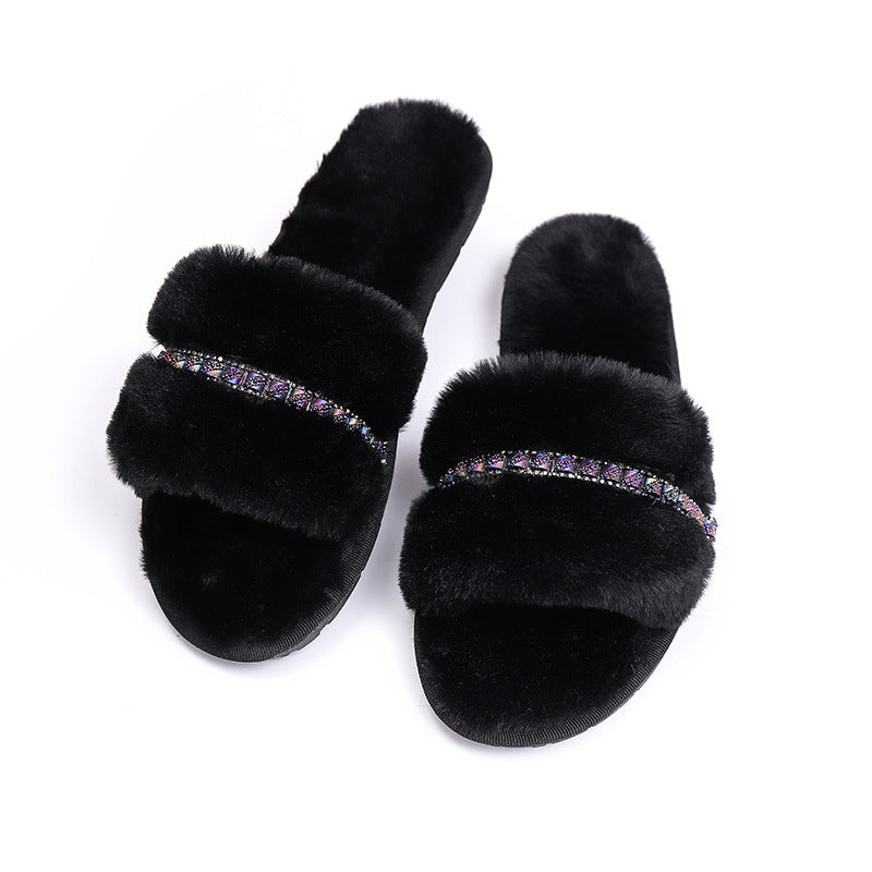 Rhinestone Accessories Plush  Indoor And Outdoor Non-slip Fur Slippers