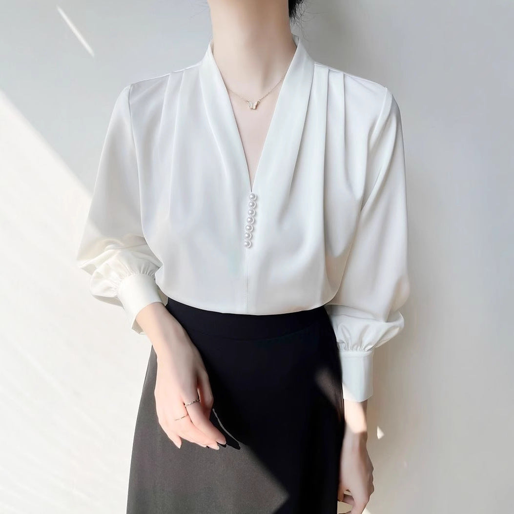 Dame V-hals Chiffon Langærmet Skjorte i Polyester