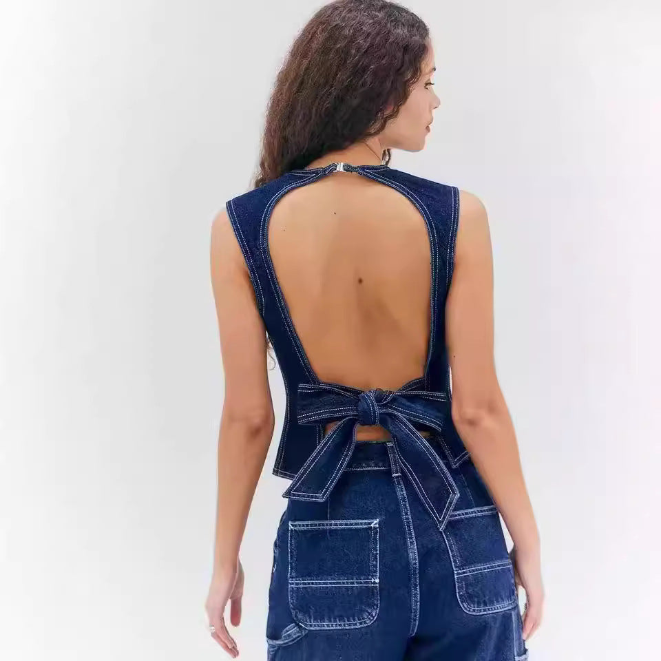 Fashion Casual Sleeveless High Waist Denim Vest