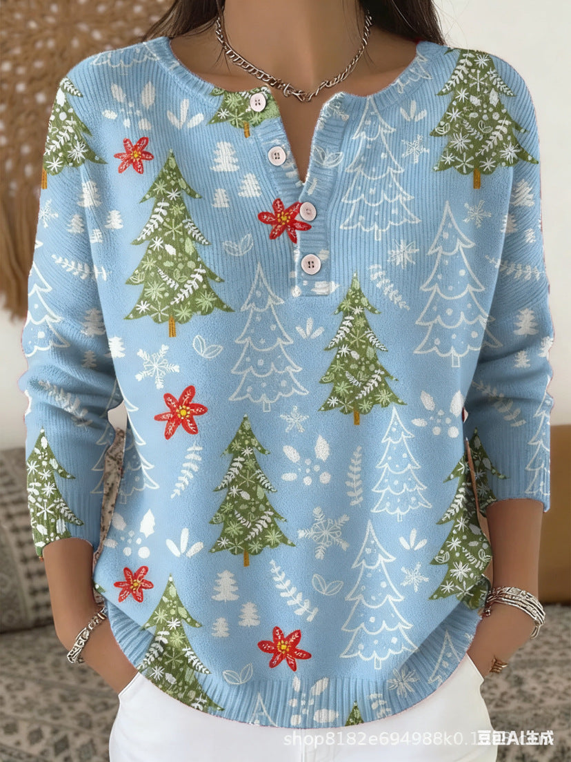 Retro Christmas 3D Digital Printing Four-button Stand Collar T-shirt