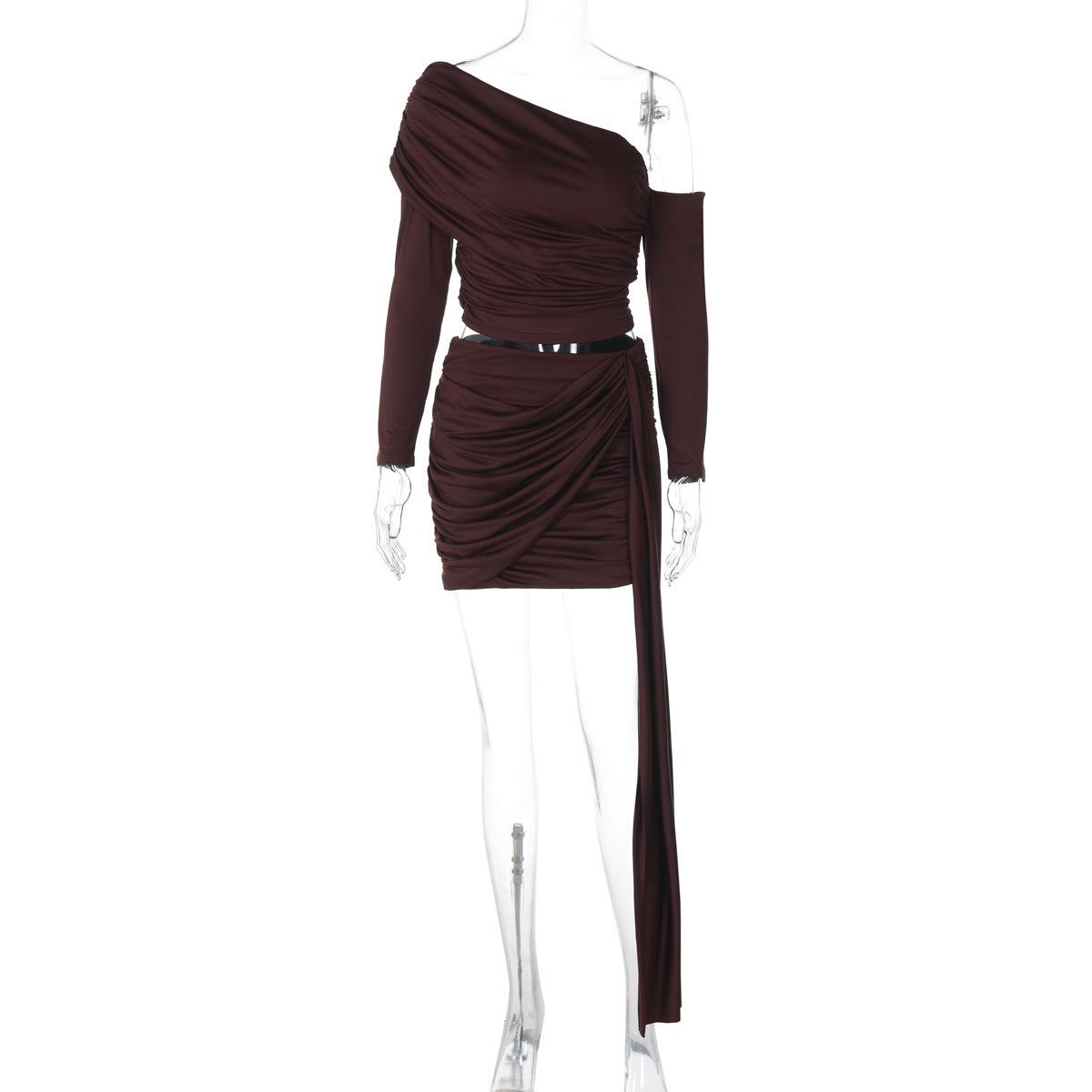 New Oblique Shoulder Long-sleeved Top Slim-fit Pleated Ribbon Hip-wrapped Skirt Outfit