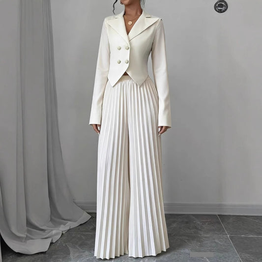 Fashionable Pleated Culotte Two-Piece Pants Set For Women