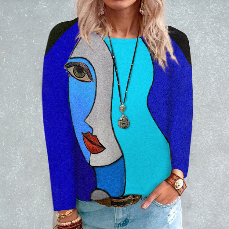 Fashion Loose Round Neck Face Print Long Sleeve Women's T-Shirt