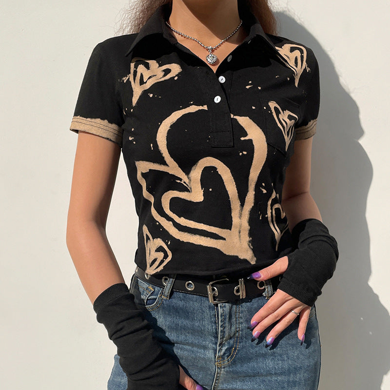 Vintage Fashion Hjerteprint Kortærmet T-shirt Med Reverskrave Streetwear Croptop