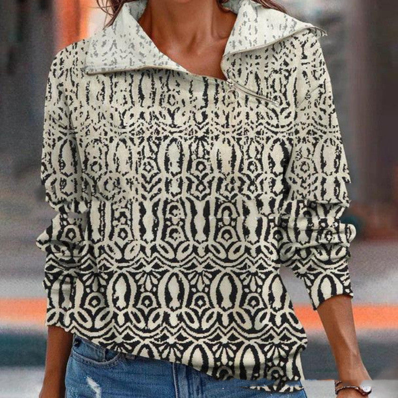 New Women's Digital Print Zippered Slanted Collar Loose Sweater