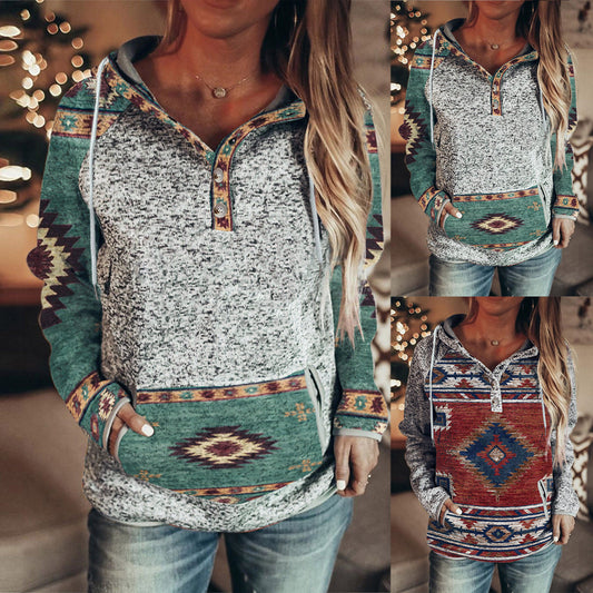 Autumn And Winter Leisure Printed European And American V-neck Hooded Color Sweater