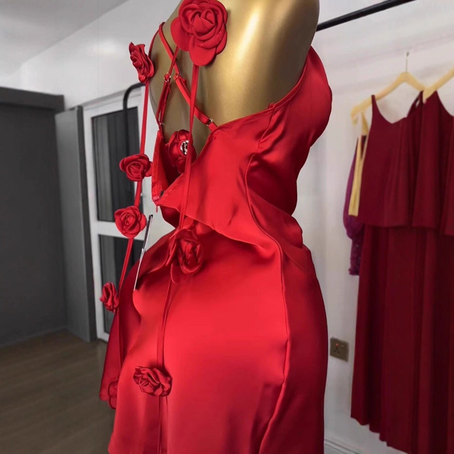 Womens Sleeveless Strap Dress With 3D Floral Design
