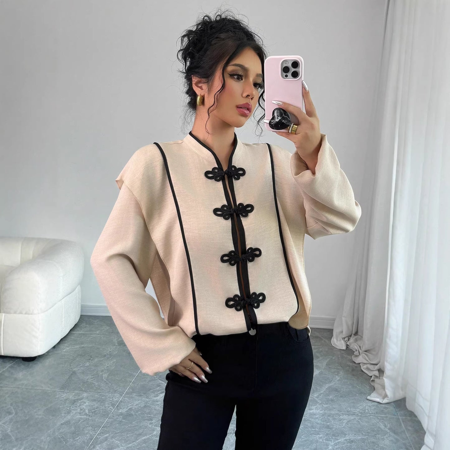 Womens Chinese-knot Ethnic-style Long-sleeve Blouse