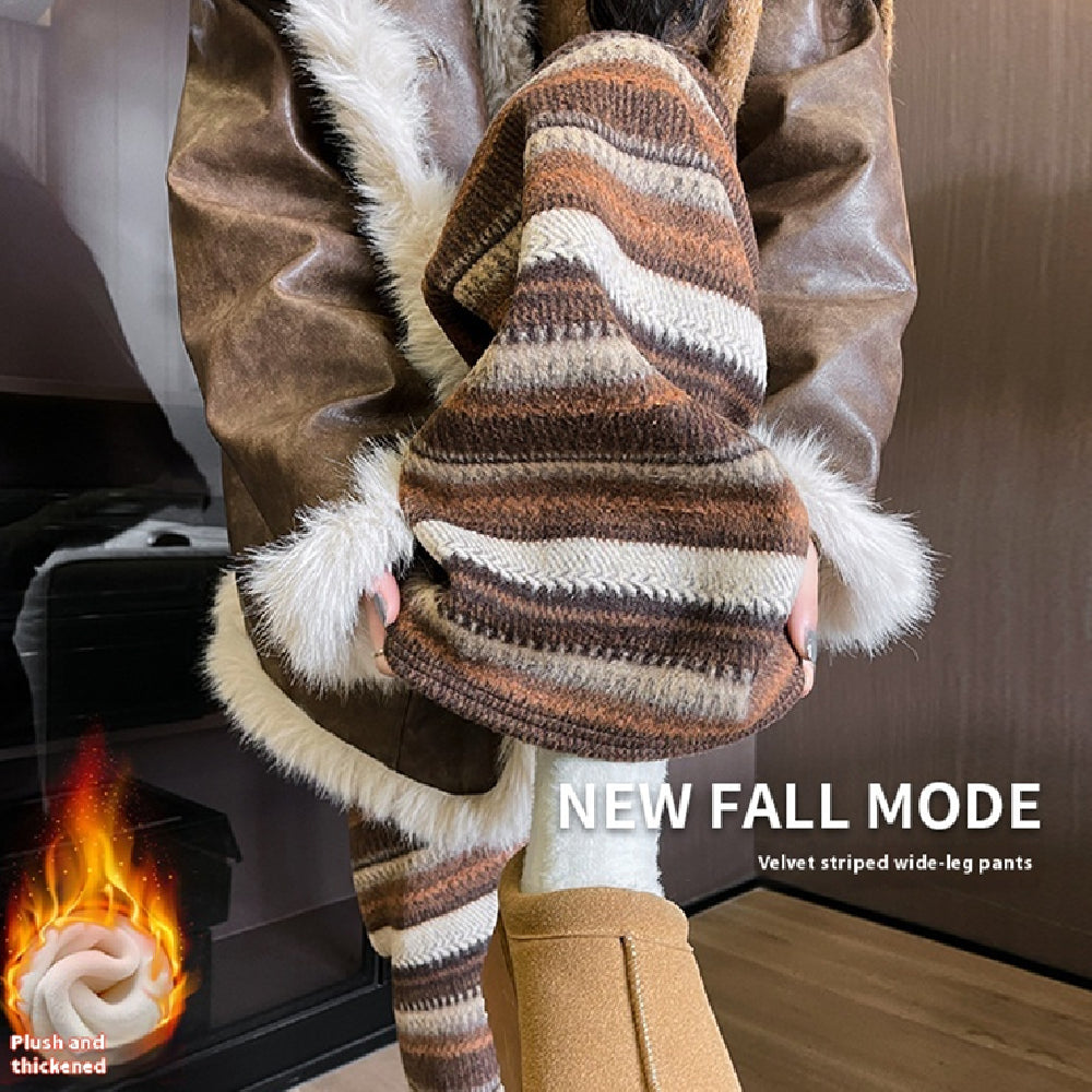 Woolen Striped Women's Wide-leg Pants Fallwinter Comfortable Retro