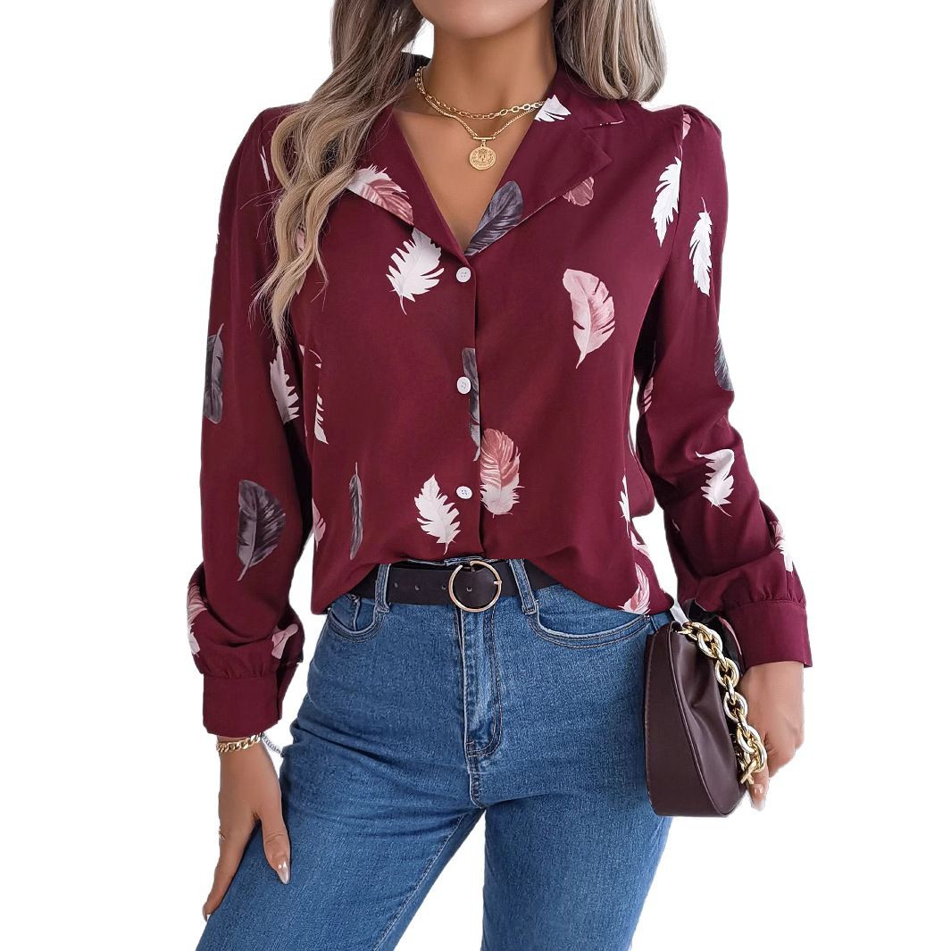 Elegant Feather-Print Blazer Collar Long-Sleeve Shirt
