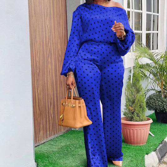 Polka Dot Printed Long-sleeved Trousers Casual Fashion Loose Shoulder Suit