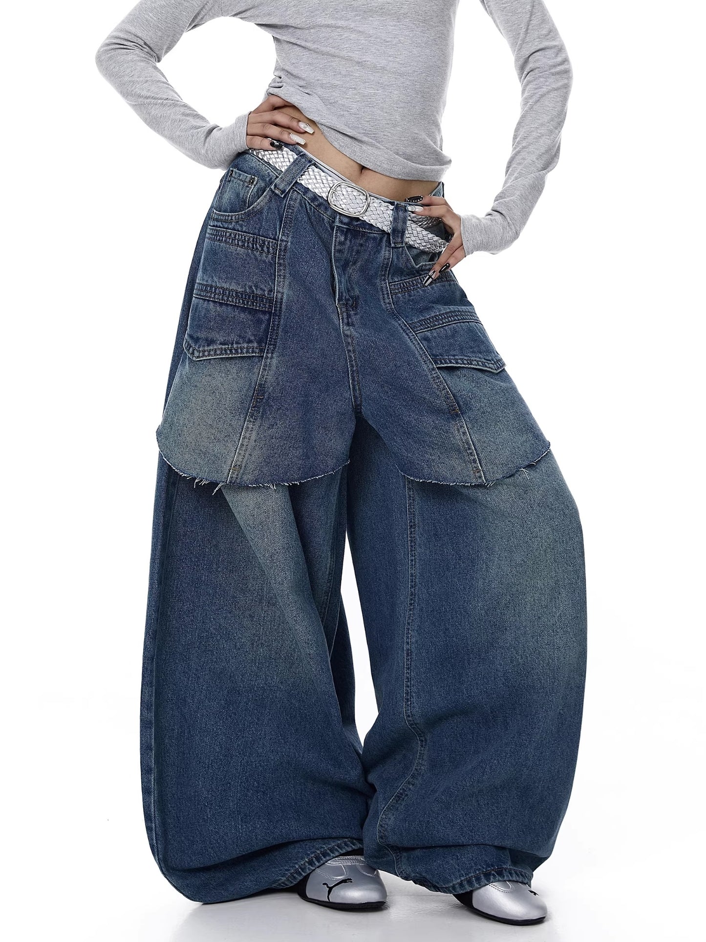 Womens American-style Deconstructed Faux Two-piece Patchwork Washed Bootcut Jeans