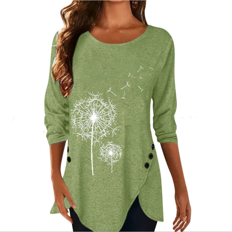 Dandelion Print Short Sleeve Button Down T-shirt Summer