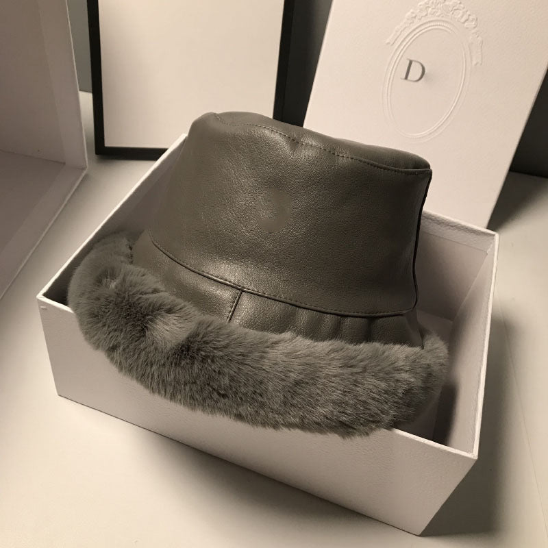 Hat Female Leather Plush Fisherman Hat Versatile Temperament
