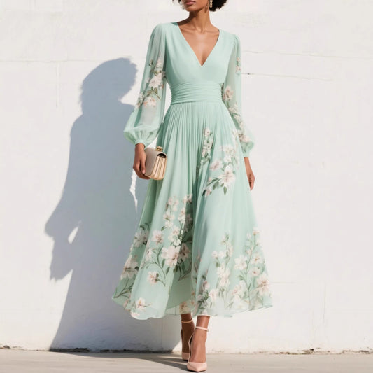Womens Spring Chiffon Long-Sleeve Pleated Dress