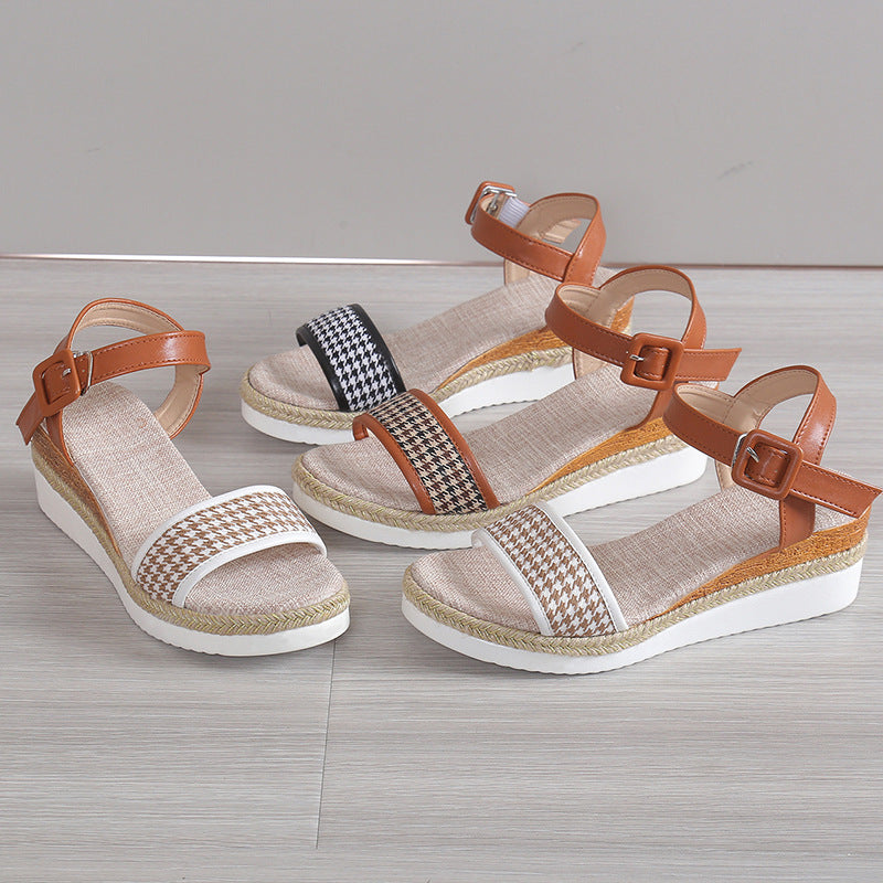Houndstooth-mønstrede sandaler til kvinder med spænde, sommer, festsko