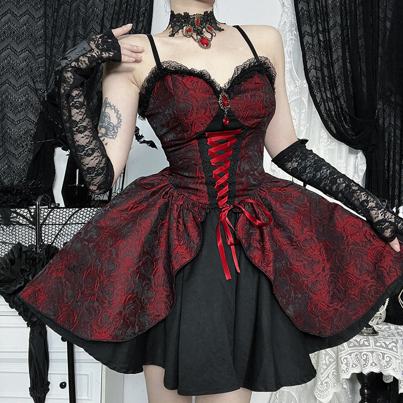 Gothic Black And Red Jacquard Dress