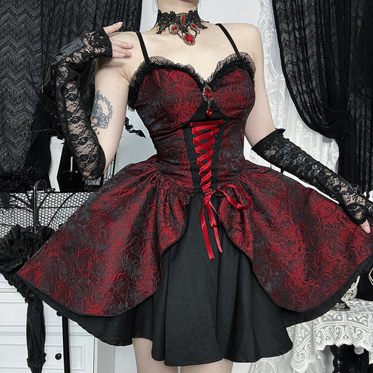 Gothic Black And Red Jacquard Dress