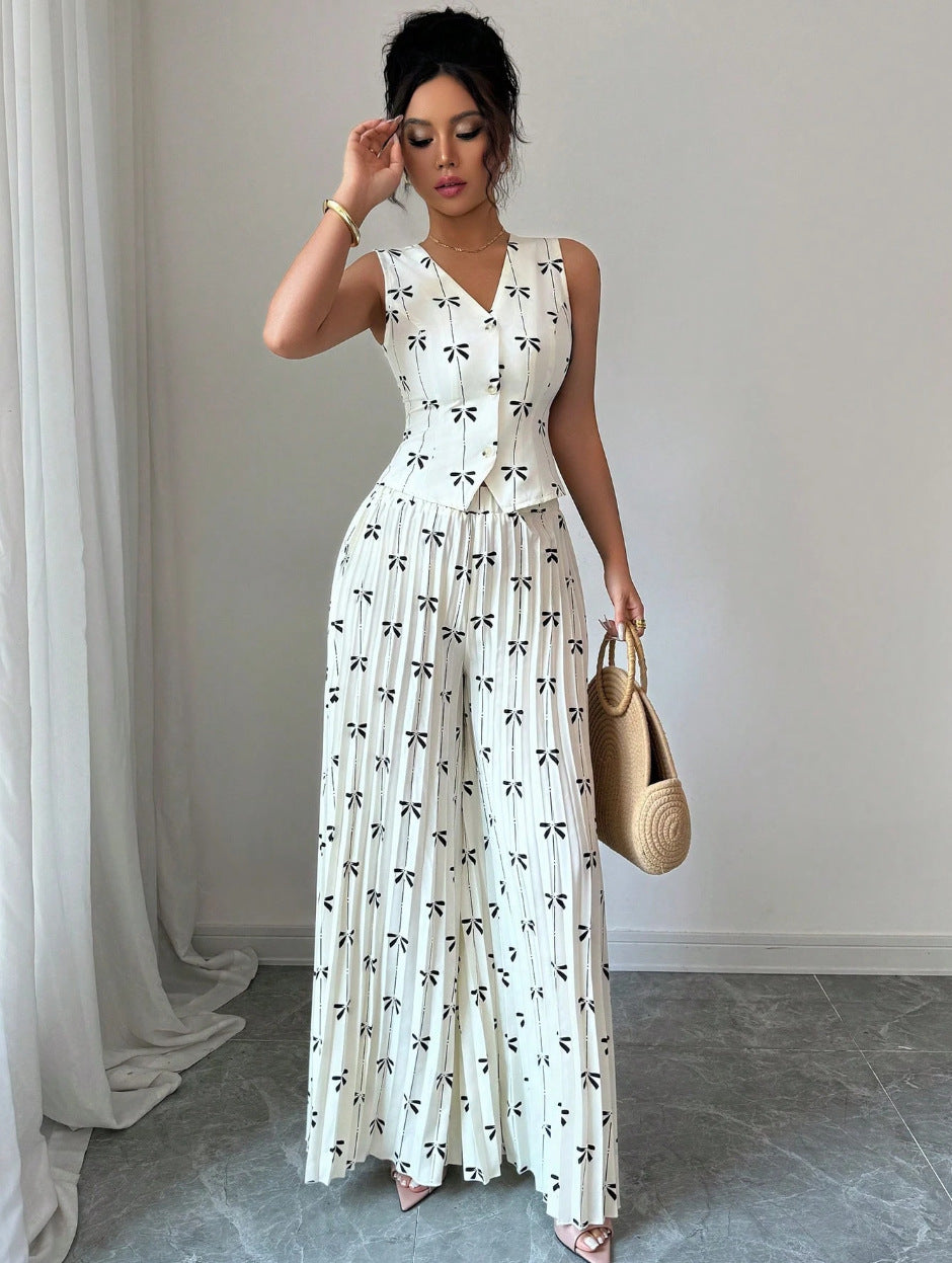 Sleeveless Fitted Vest Top And High-waisted Wide-leg Pants Two-piece Set