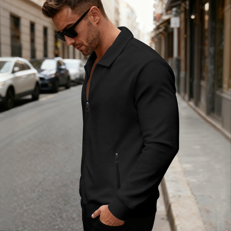 Men's Waffle-Weave Lapel Zip-Up Long-Sleeve Jacket