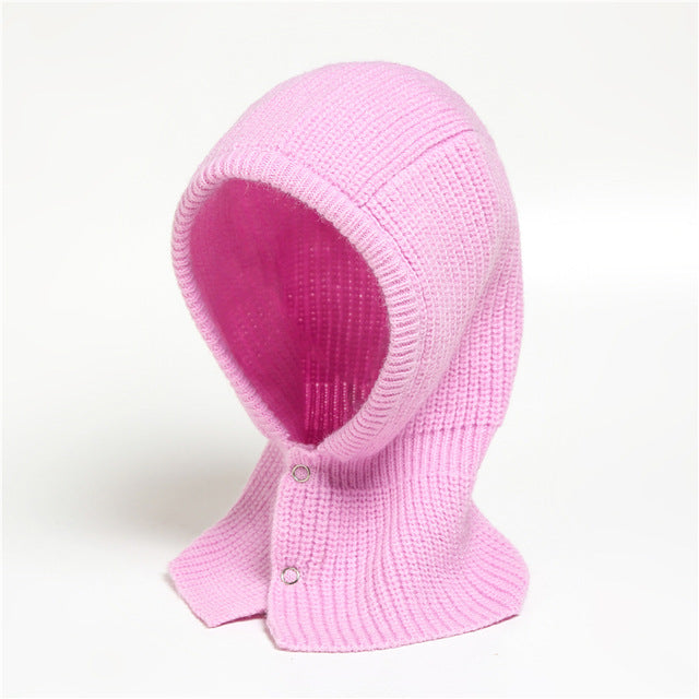 One Piece Warm Solid Button Wool Hat Neckband