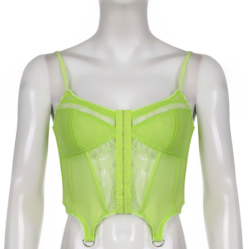 Lace Mesh Vest With Lowcut Vneck Hook Buckle Irregular Bottoming Small Sling