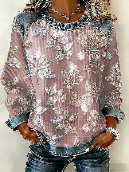 Retro Loose-fitting Pullover With A Printed Crew Neck
