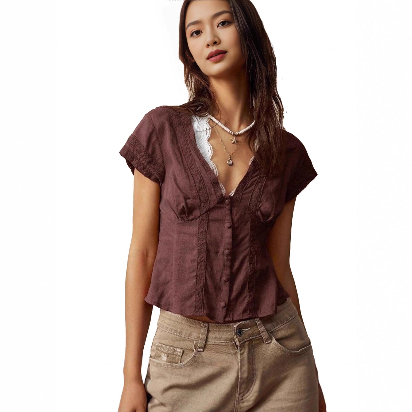 Retro Artistic Slim Fit Womens Short Sleeve Top