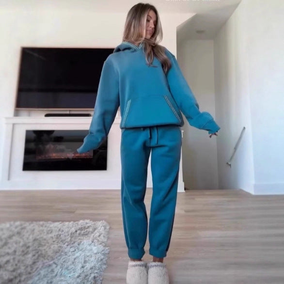 Lace-trimmed Kangaroo Pocket Hoodie And Elastic Waistband Sweatpants Set