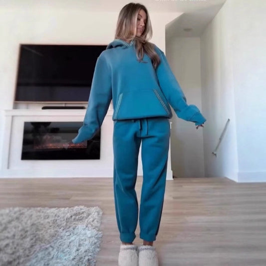 Lace-trimmed Kangaroo Pocket Hoodie And Elastic Waistband Sweatpants Set