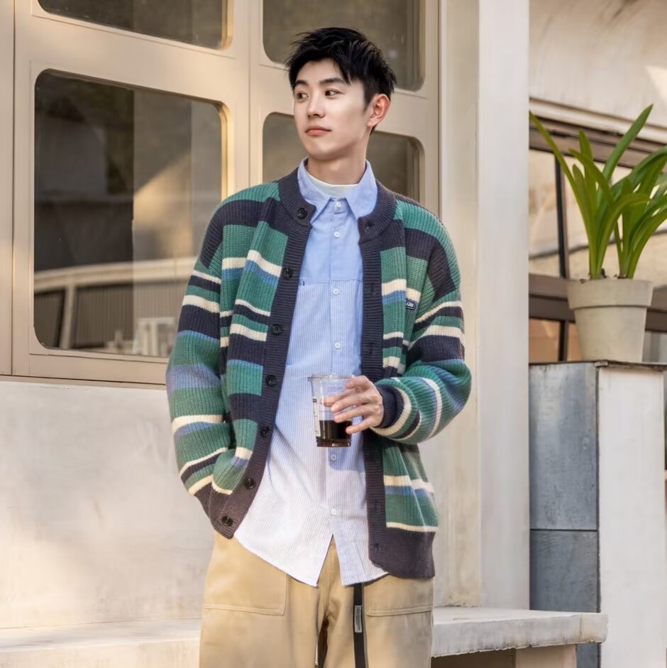 Mens Striped Color-Block Sporty Sweater Jacket